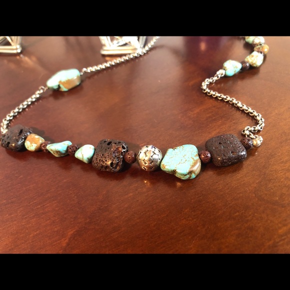 TURQUOISE , LAVA AND STERLING SILVER NECKLACE - Picture 2 of 6
